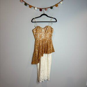 Sophia Kah asymmetrical lacy pencil midi dress